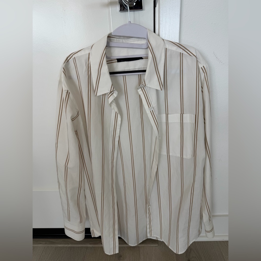 Jenni Kayne boyfriend button down shirt in white with tan stripes